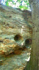 3. Donnas. Paretine verticali in metabasite verde interrompono le rotondità del piccolo massiccio levigato dagli antichi ghiacciai. Due tafoni assai regolari seguiti da altri meno ben scavati.