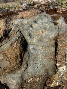7.Vena di cloritoscisto in affioramento di peridotite serpentinizzata entro le Gole di Montjovet. Incisioni a coppelle (in alto), a croci puntate (in basso), a scritte moderne (in centro).