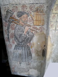 8.Affresco nell’arco della cappella di Marseiller (Verrayes) raffigurante un addetto allo scavo o alla manutenzione del Ru de Marseiller. Giacomino d’Ivrea, 1441.