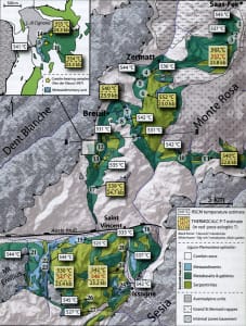 8.La grande écaille de manteau éclogitique affleure sans interruptions de Saas-Fee (Valais, Suisse) au nord à Champorcher (Parc du Mont Avic, Vallée d’Aoste) au sud. D’après ANGIBOUST et al., 2009.