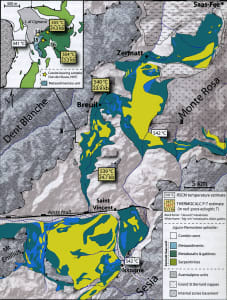 03 - La région alpine où affleure l'Unité océanique éclogitique Zermatt-Saas, du Valais suisse au Mont Avic. D'après Angiboust et al. (2009).