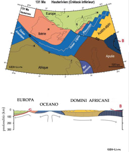 1. Ricostruzione geografica della zona fra Europa ed Africa circa 130 milioni di anni fa. Un braccio di mare con fondo oceanico si insinua fra le due placche continentali. Da Bousquet et al., 2012