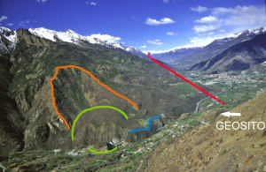 Inquadramento del Geosito Ponte Romano-Tsailleun nelle Gole di Montjovet di fronte alla Paleofrana di Rodoz Inquadramento del Geosito Ponte Romano-Tsailleun nelle Gole di Montjovet di fronte alla Paleofrana di Rodoz
