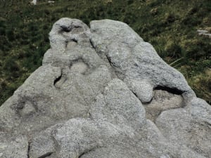 06. Faccia superiore di un blocco di metagranito a struttura interna disposta in piani. Forme di erosione controllate dai piani di giacitura dei minerali.