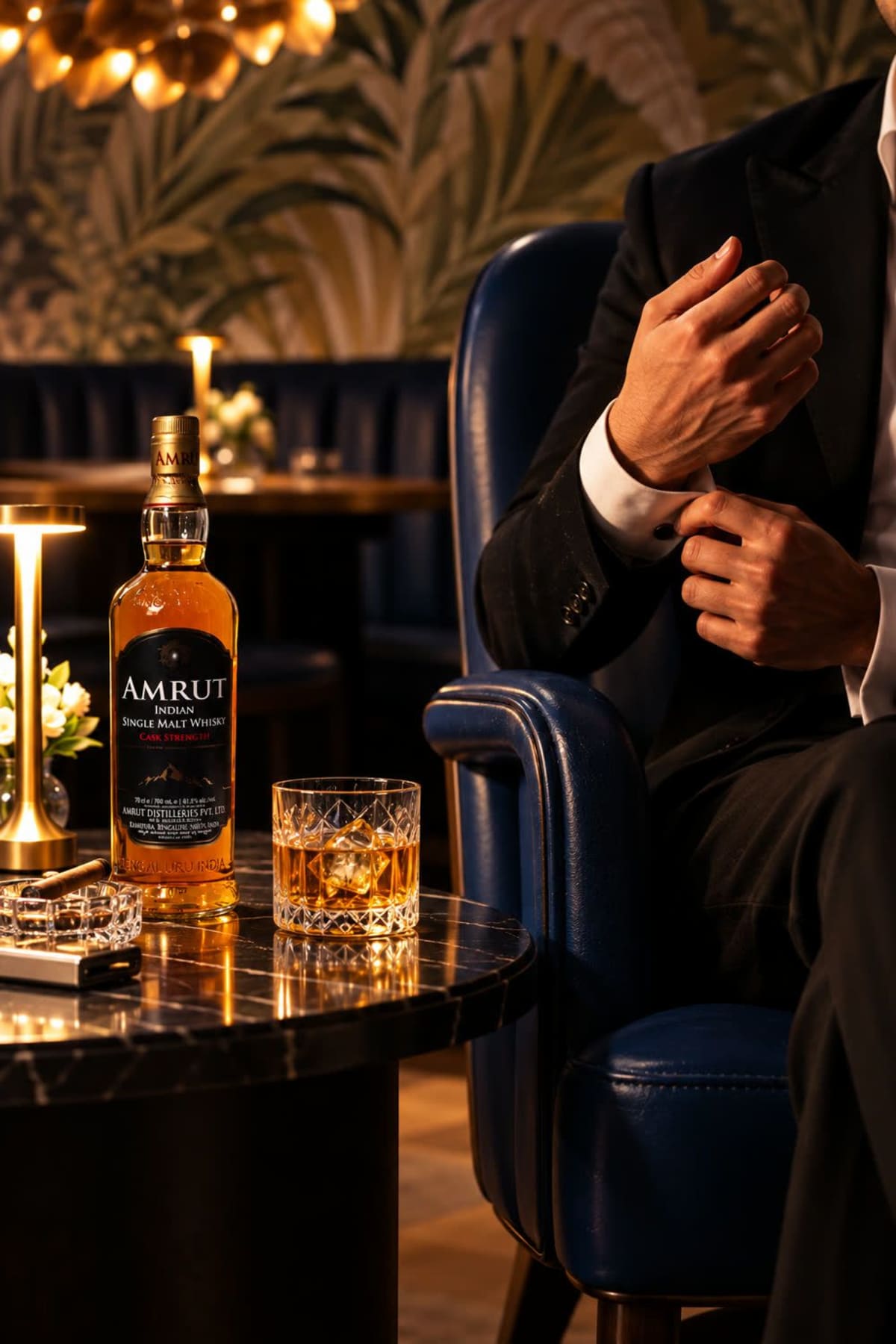 An Amrut bottle and a poured glass beside a dark leather booth