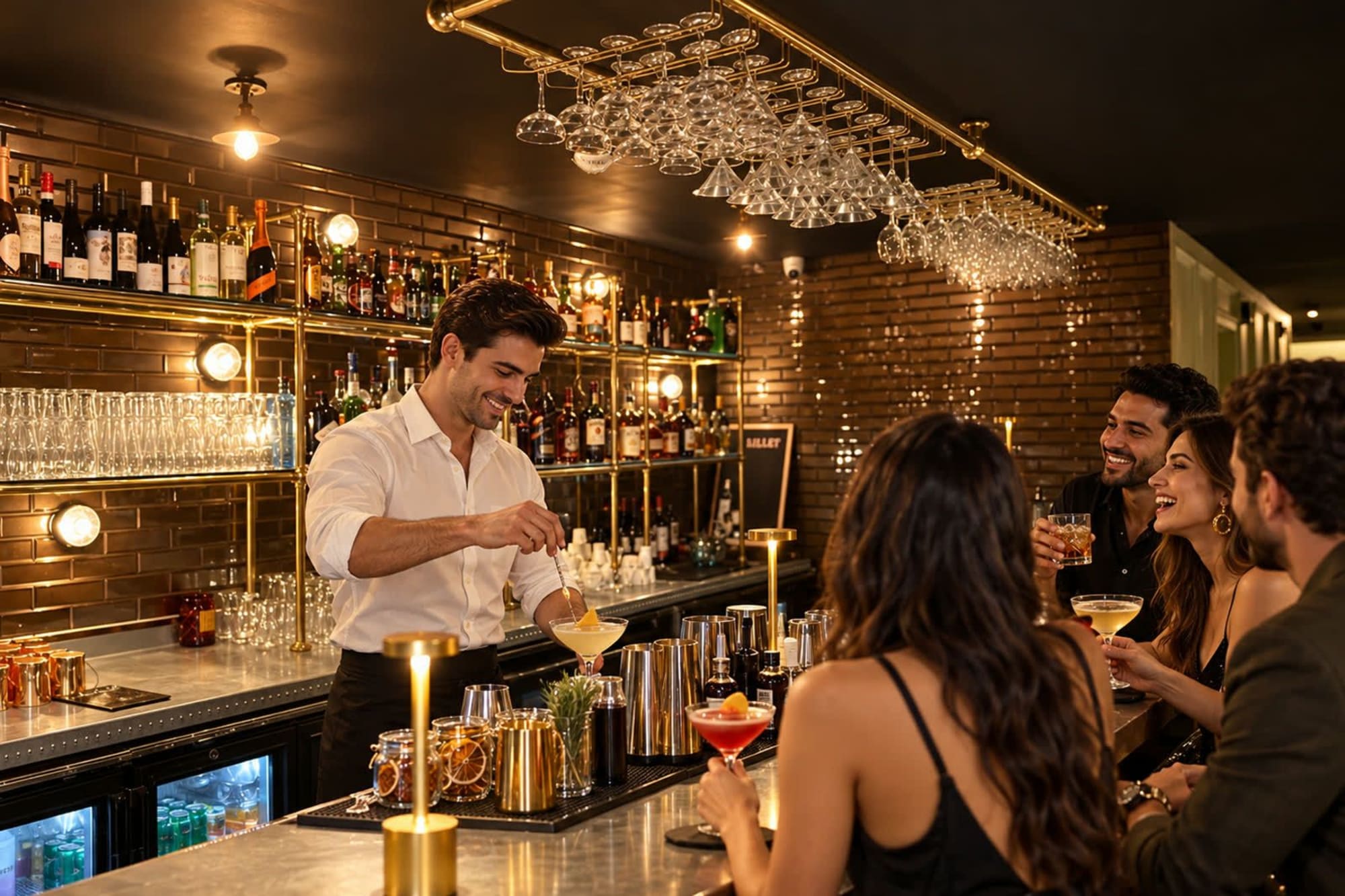A bartender finishing a cocktail at the bar