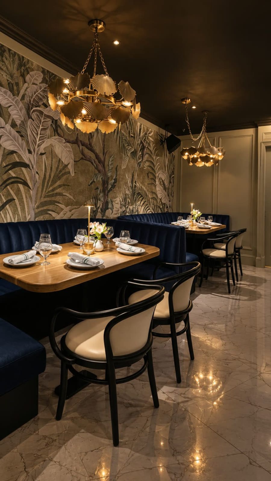 The lounge, lit by a gilded chandelier