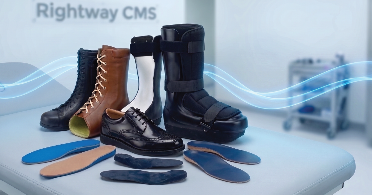 Rightway CMS product range: custom lace-up boot, dress shoe, neuro walking boot and blue orthotic insoles