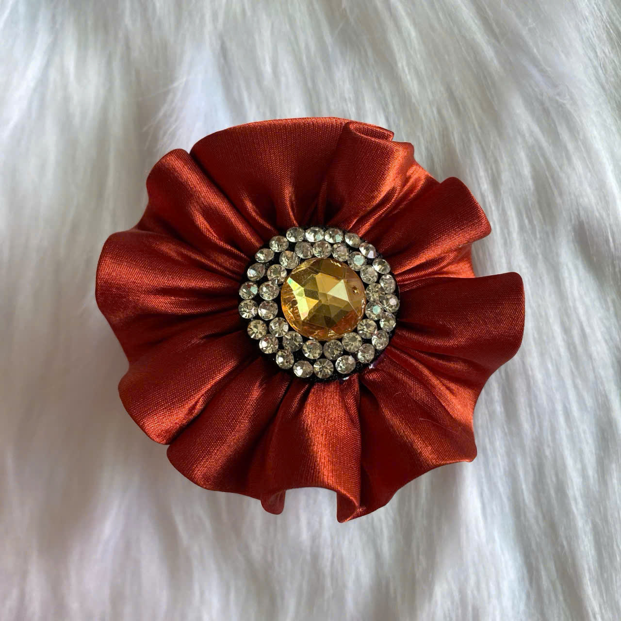 Kẹp Gắp Tóc 5 Răng Vải Satin Đính Đá Màu Cam Đất