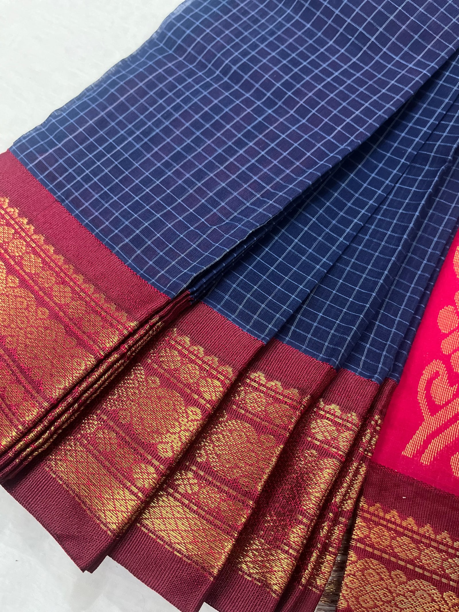 Gadwal Pure Cotton  — Blue & Maroon