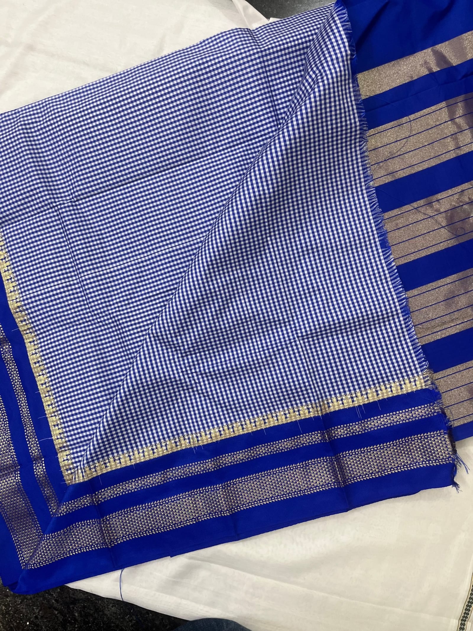 Silk cotton Ilkal — Blue with white checks — photo 4