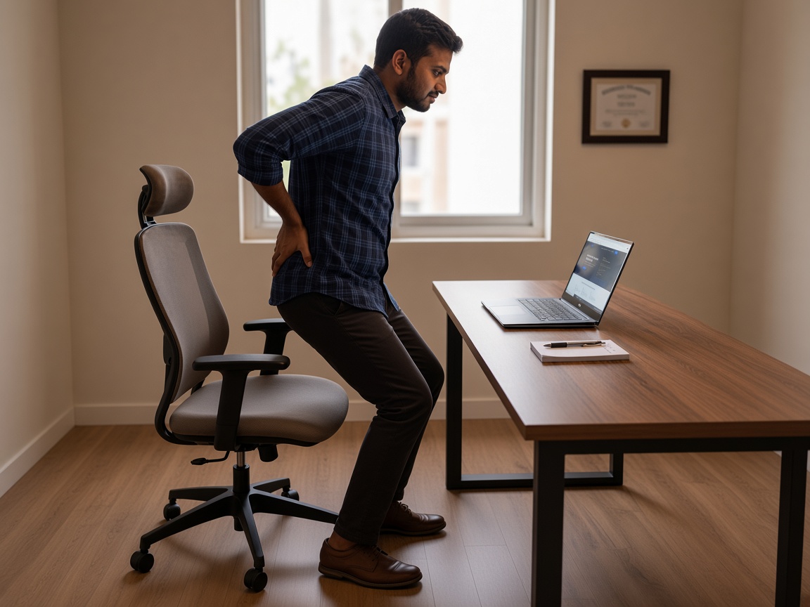 Desk professional standing from a chair with a hand on the lower back