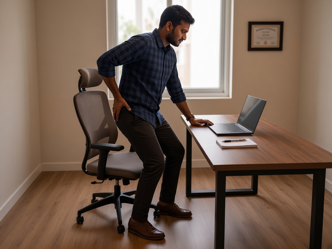Desk professional standing from a chair with tightness at the hip flexors