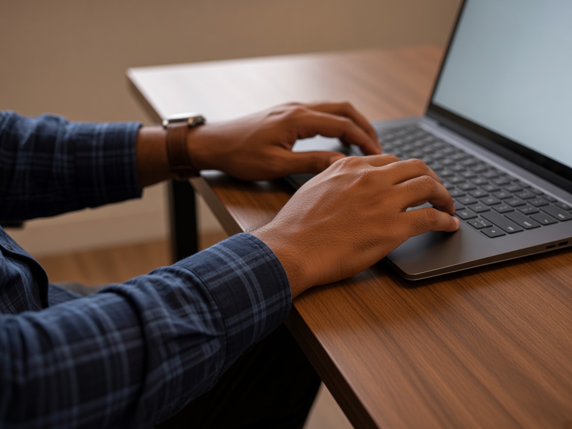 Hands and wrists on a laptop keyboard and mouse at a desk edge