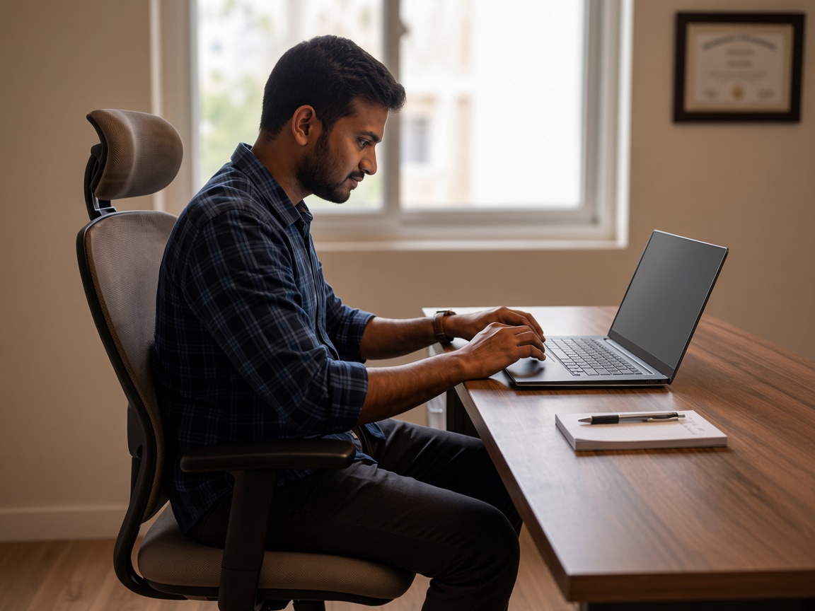 Desk professional leaning toward a laptop with forward-head posture