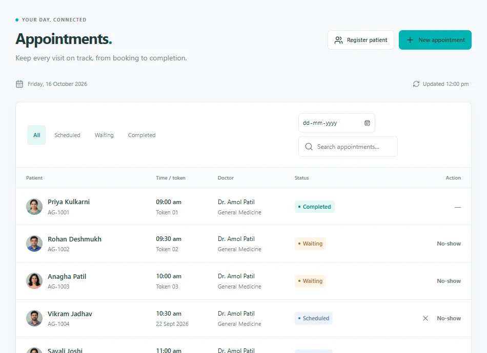 Actual Aarogyam Flow appointments screen with doctor assignments, queue tokens, and visit statuses. Fictional demonstration records.