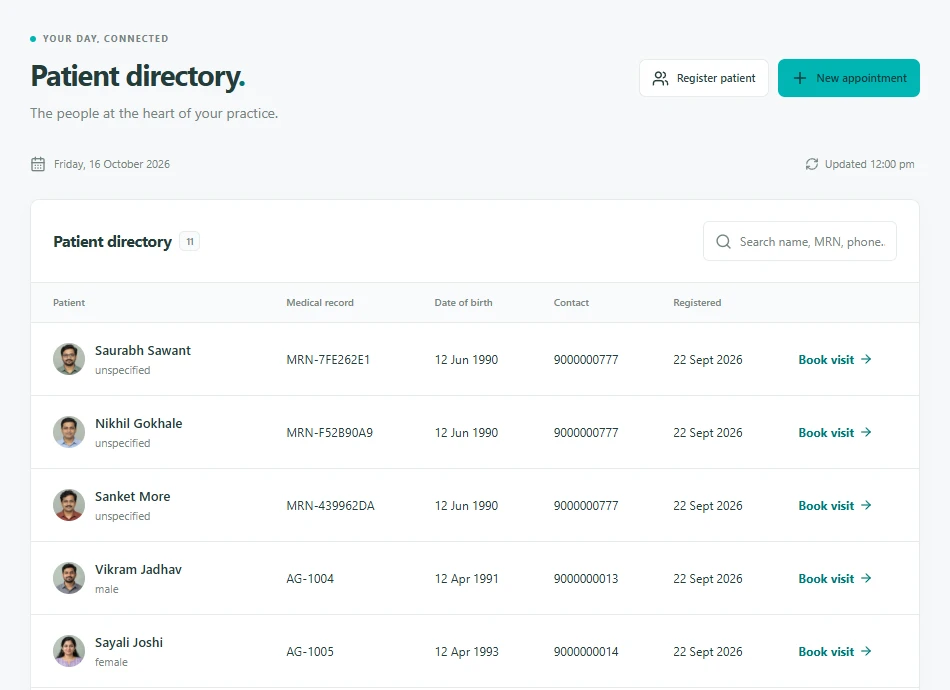 Actual Aarogyam Flow patient directory with hospital record numbers and registration controls. Fictional demonstration records.