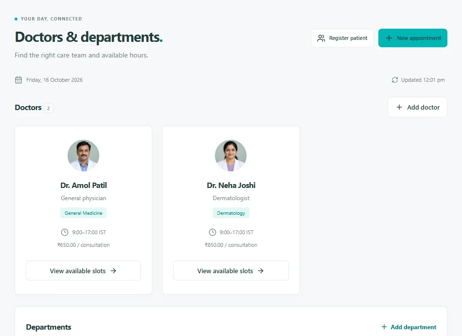 Actual Aarogyam Flow administrator workspace with doctors, departments, and consultation hours. Fictional demonstration records.
