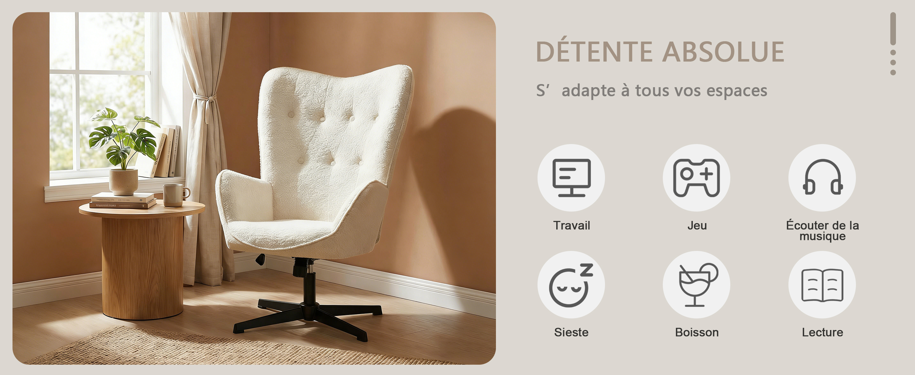 Fauteuil relax pivotant et inclinable en tissu chenille