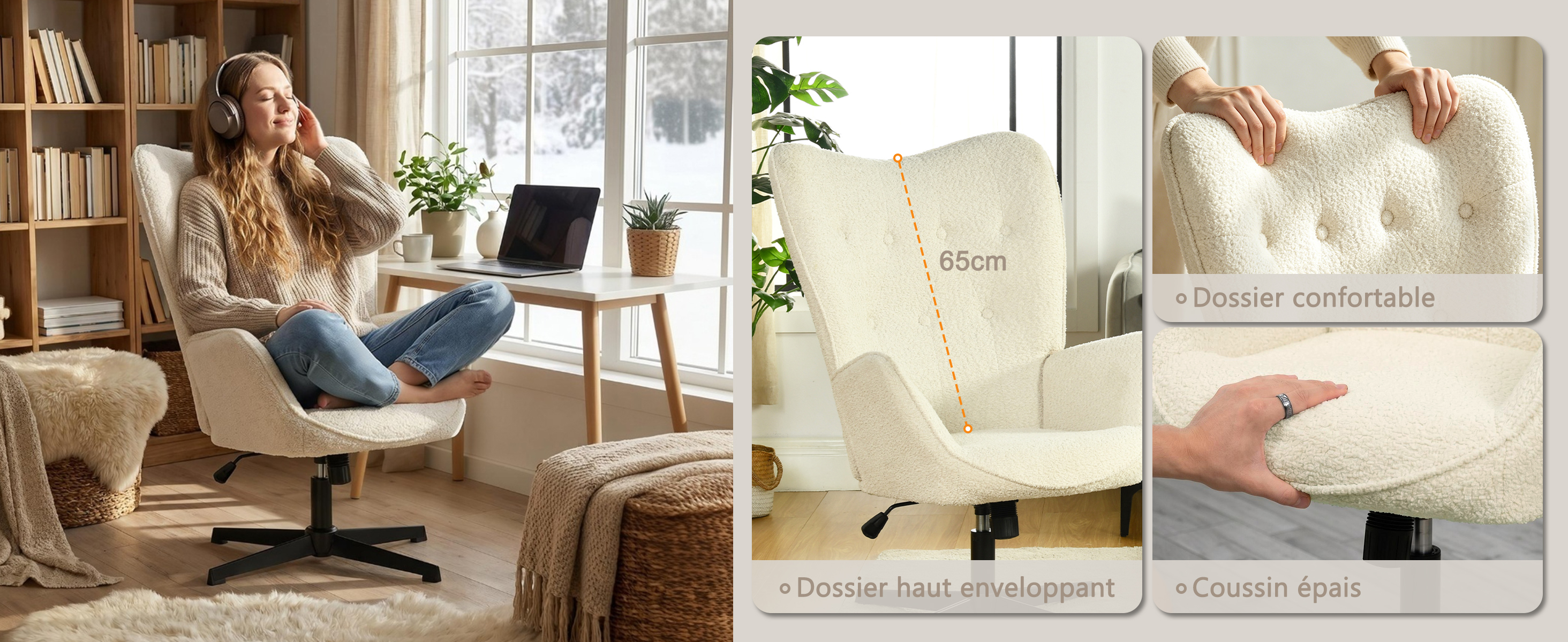 Fauteuil relax avec dossier haut et assise épaisse