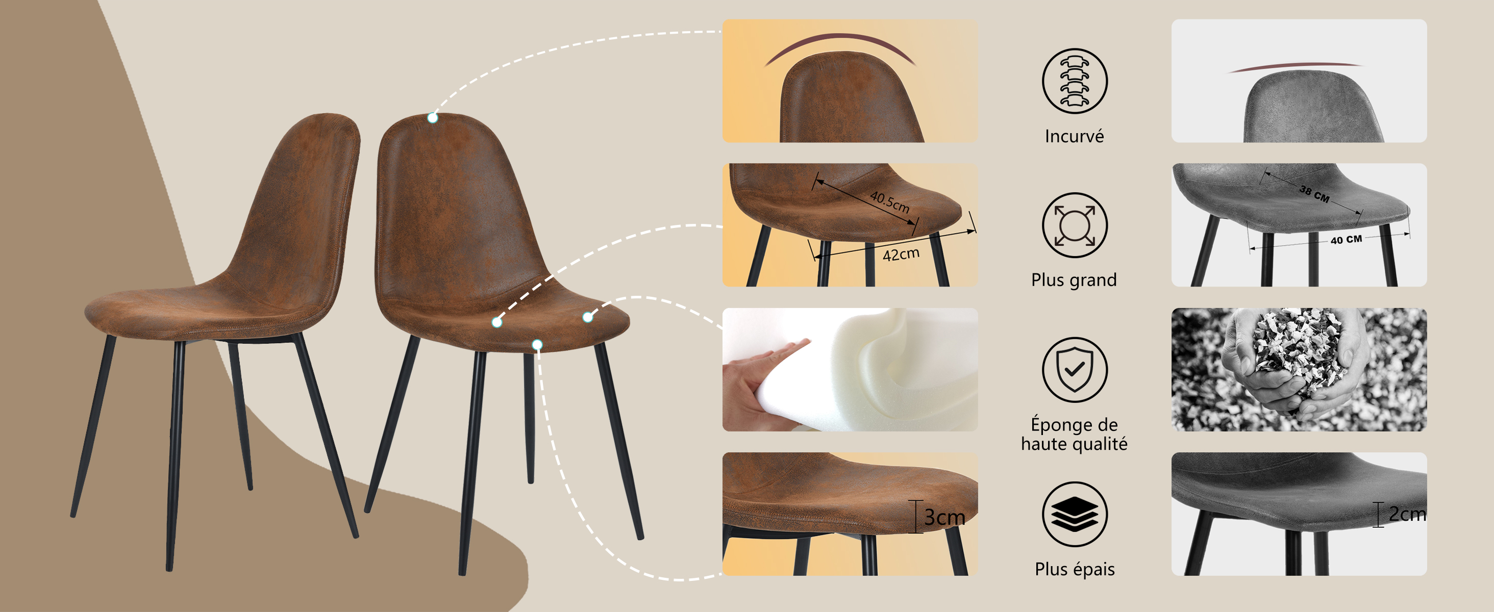 Détails chaise industrielle suédine rembourrage haute densité