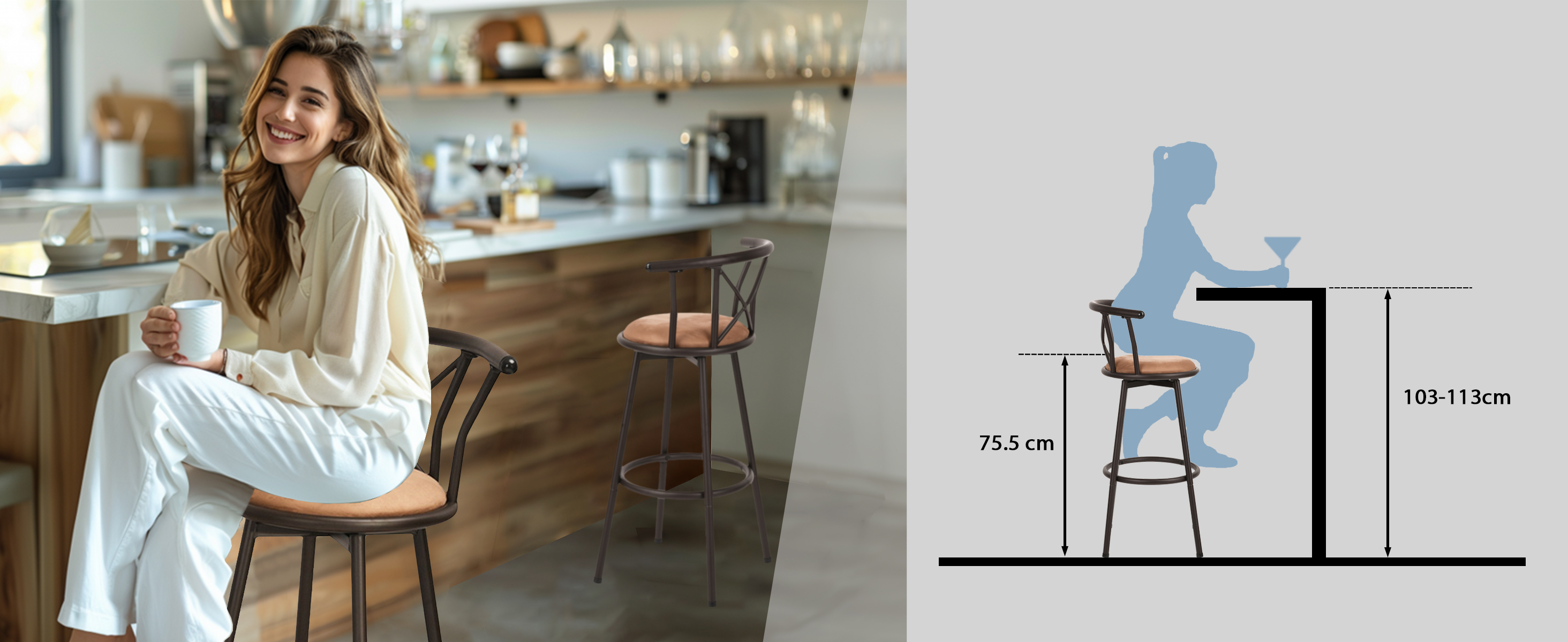 Dimensions du tabouret de bar MEUBLES COSY hauteur d'assise 75,5 cm
