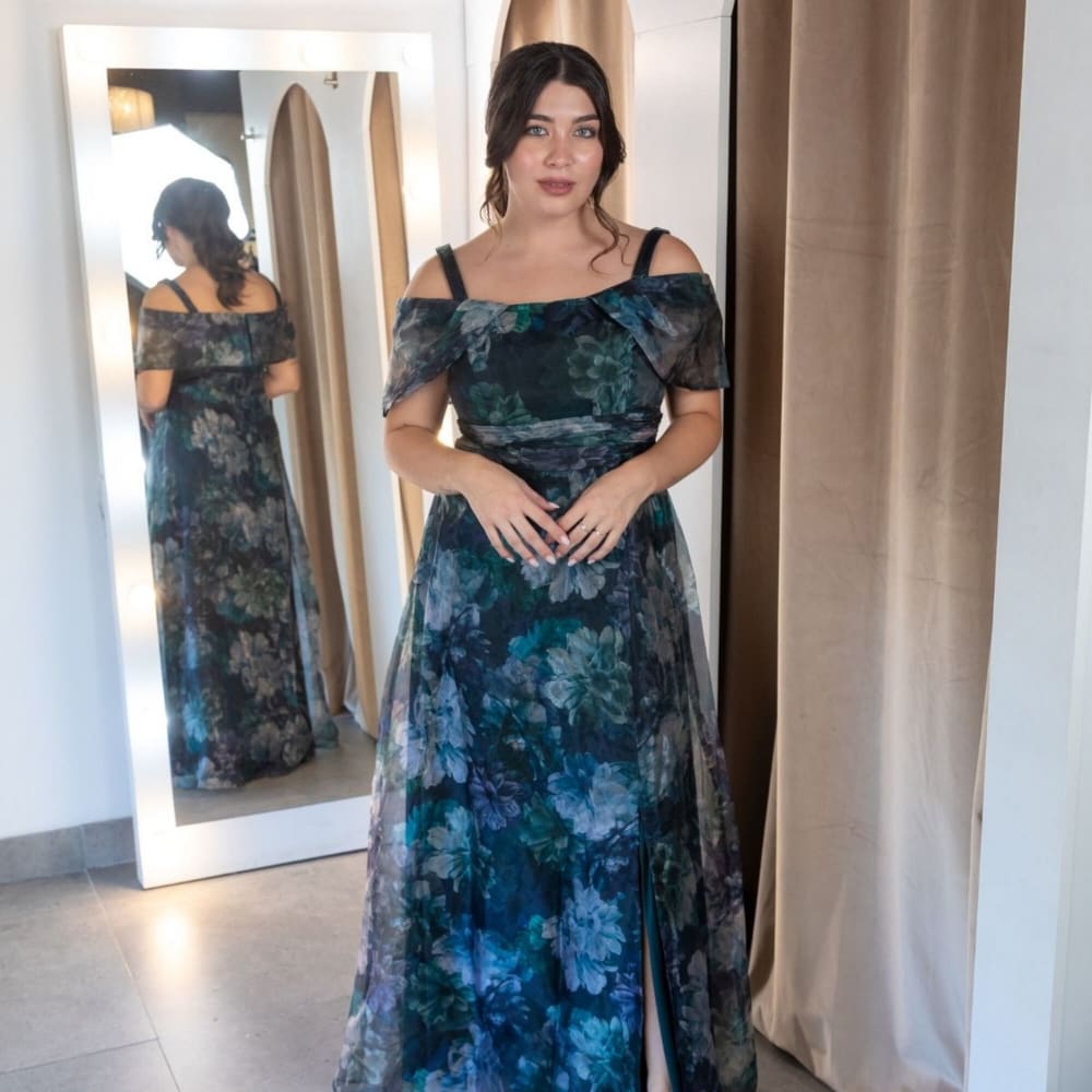 Vestido Jade — Organza Floral en Verdes y Azules