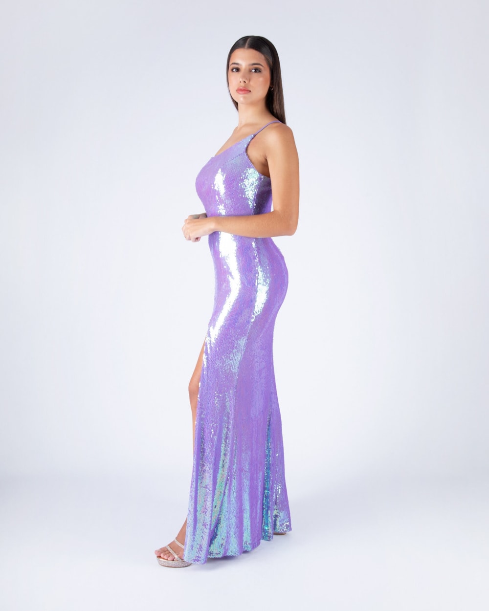 Vestido Largo con Tajo Full Lentejuelas un Hombro