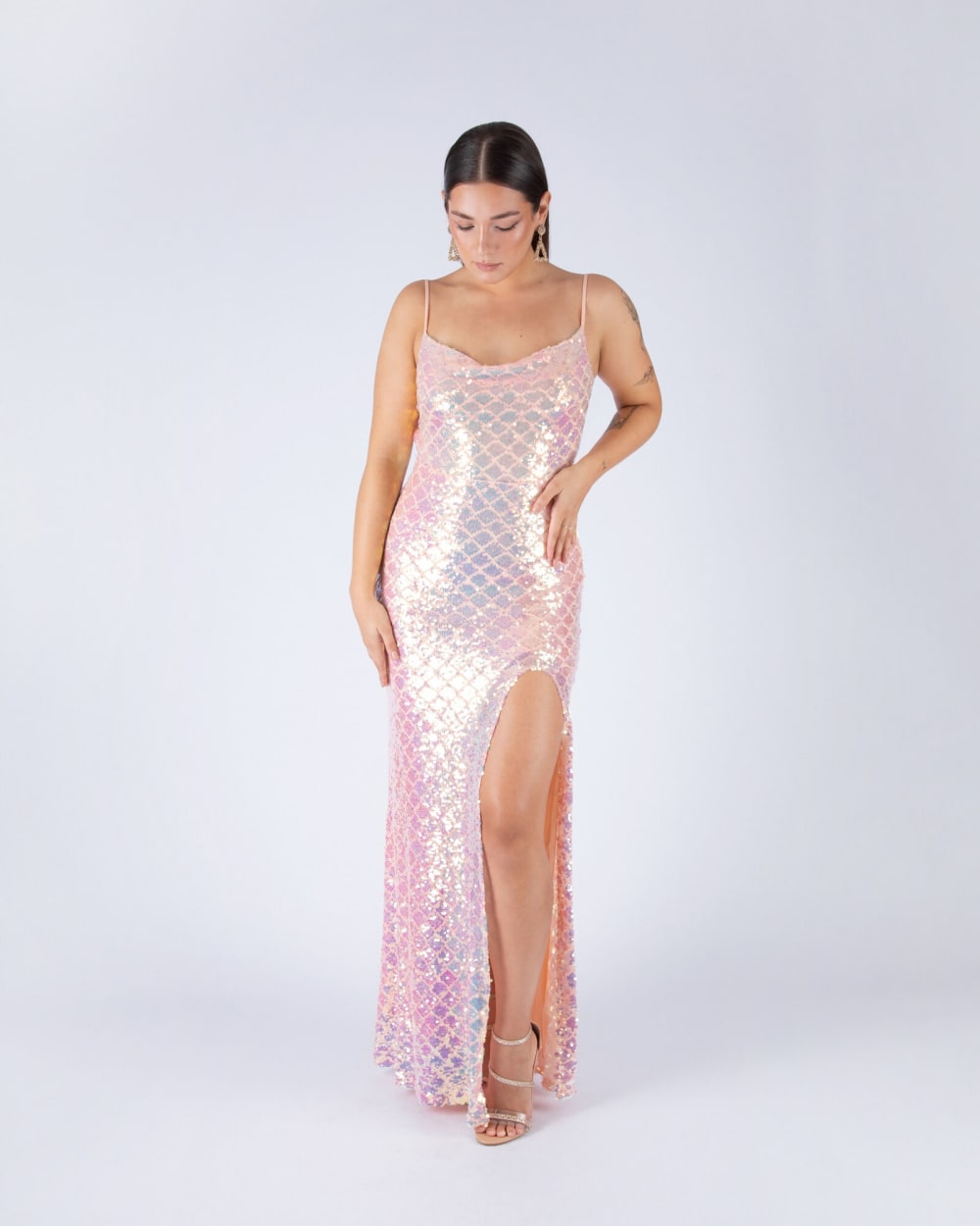 Vestido Largo con Tajo Holo Rosa Sirena