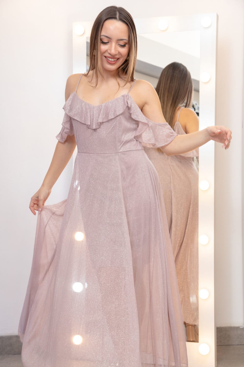 Vestido Largo con Volados Rosa Viejo