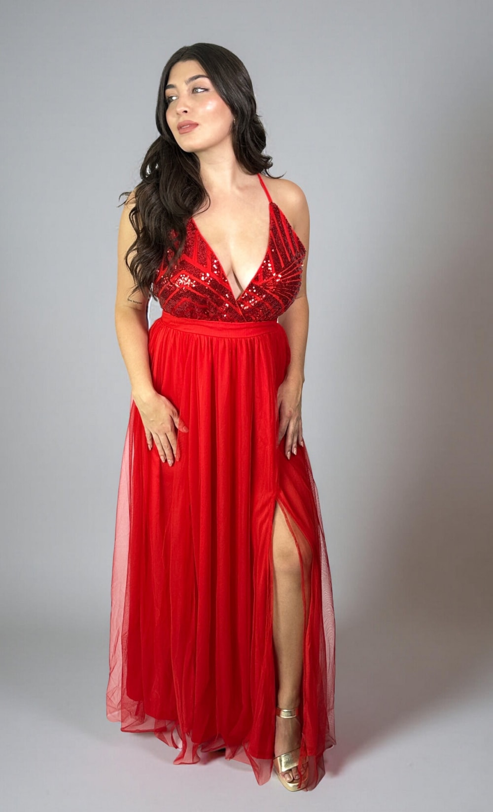 Vestido Largo Escote Lentejuela Rojo