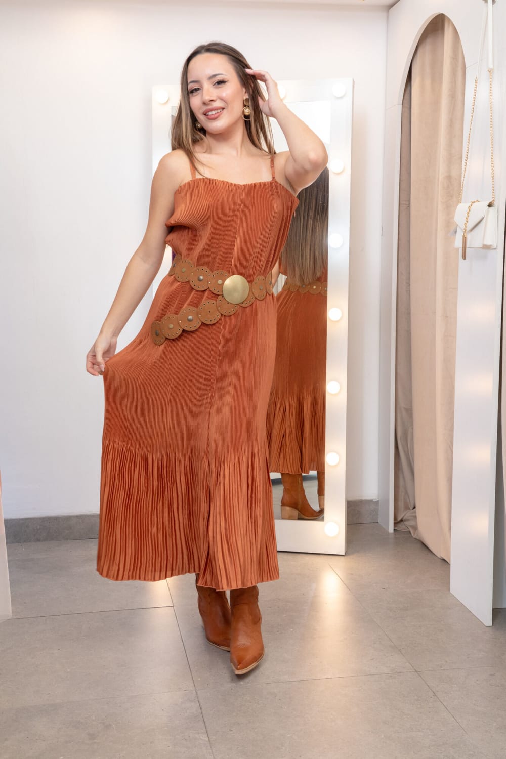 Vestido Largo Plisado Marrón