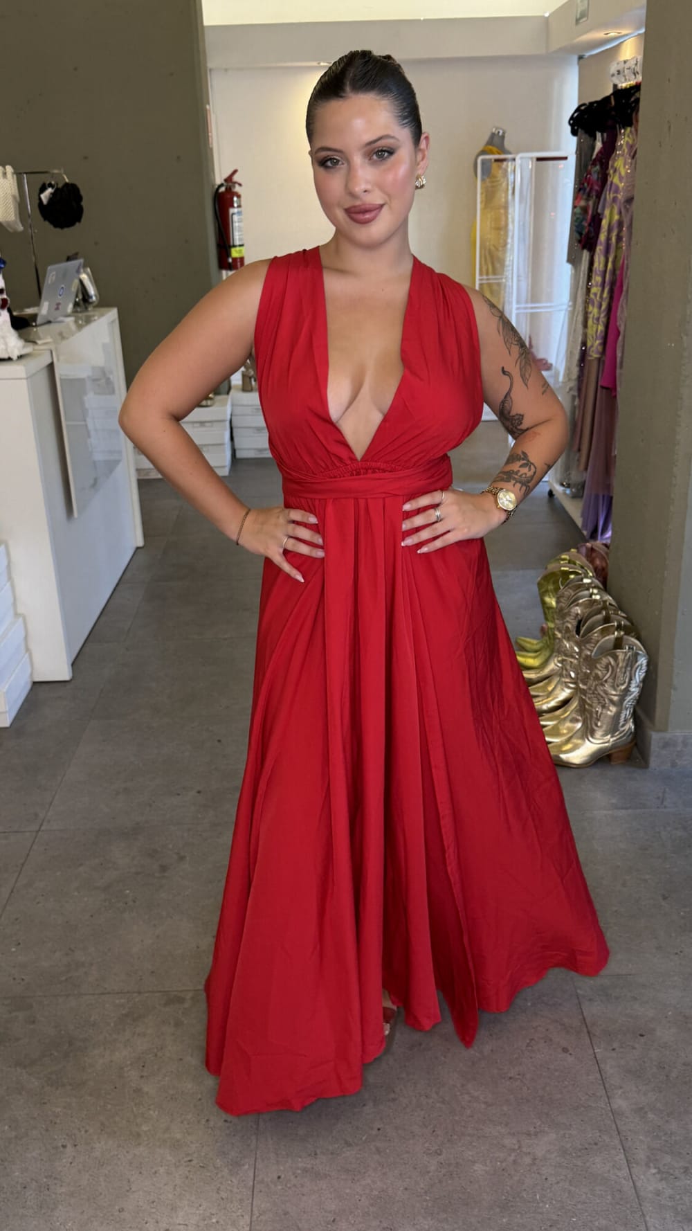 Vestido Largo Rojo Escote V Pronunciado