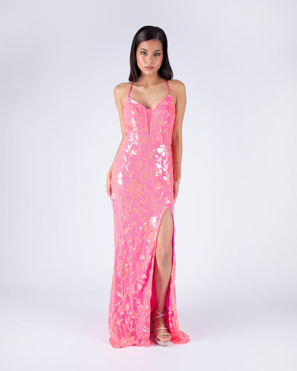 Vestido Largo Rosa Coral con Tajo