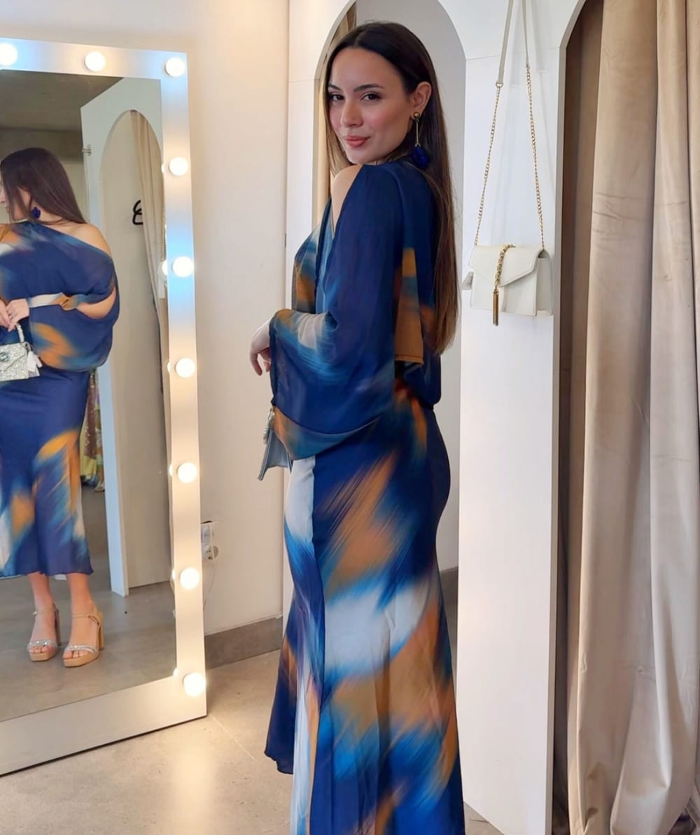 Vestido Largo Seda Azul y Mostaza con Capa