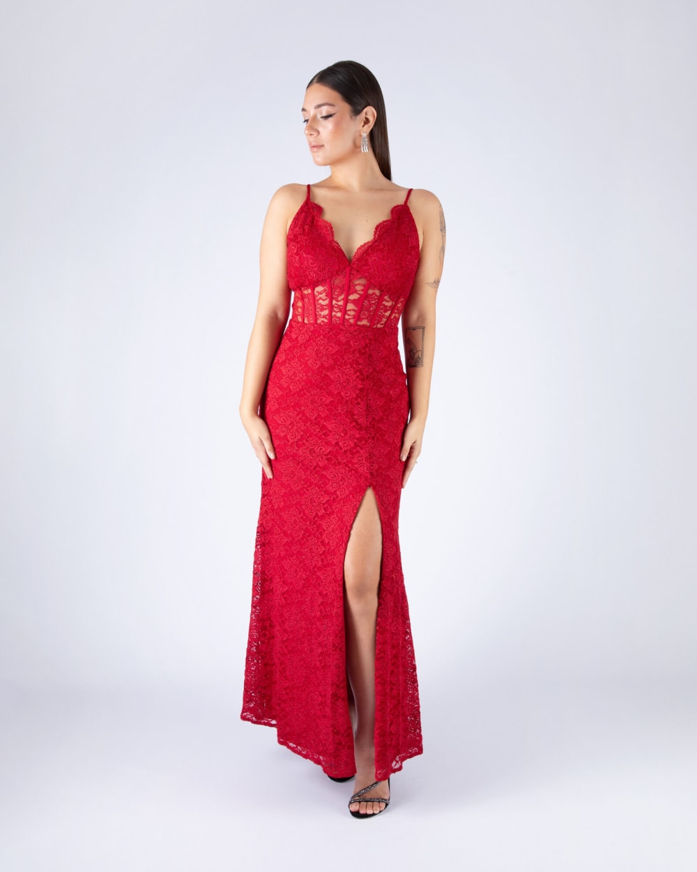 Vestido Largo Tajo Rojo Encaje