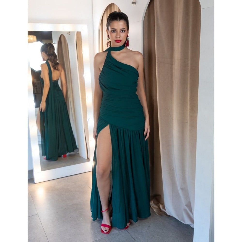 Vestido Largo Verde con Lazo al Cuello y Fruncido