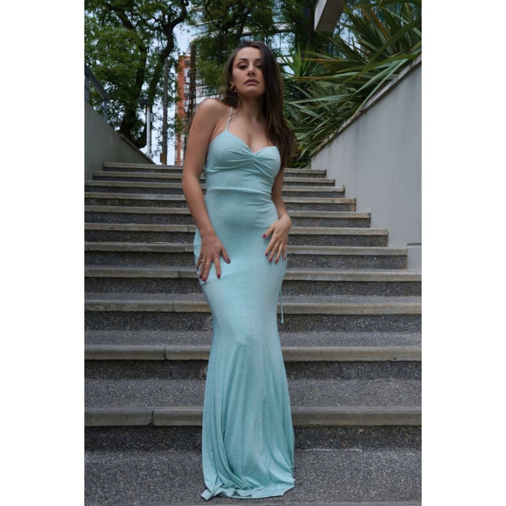 Vestido Largo Verde Menta Brillos Espalda Cruzada