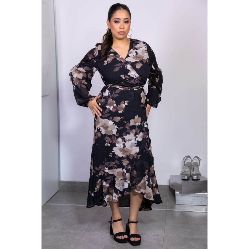 Vestido Midi Manga Larga Negro Estampado Floral