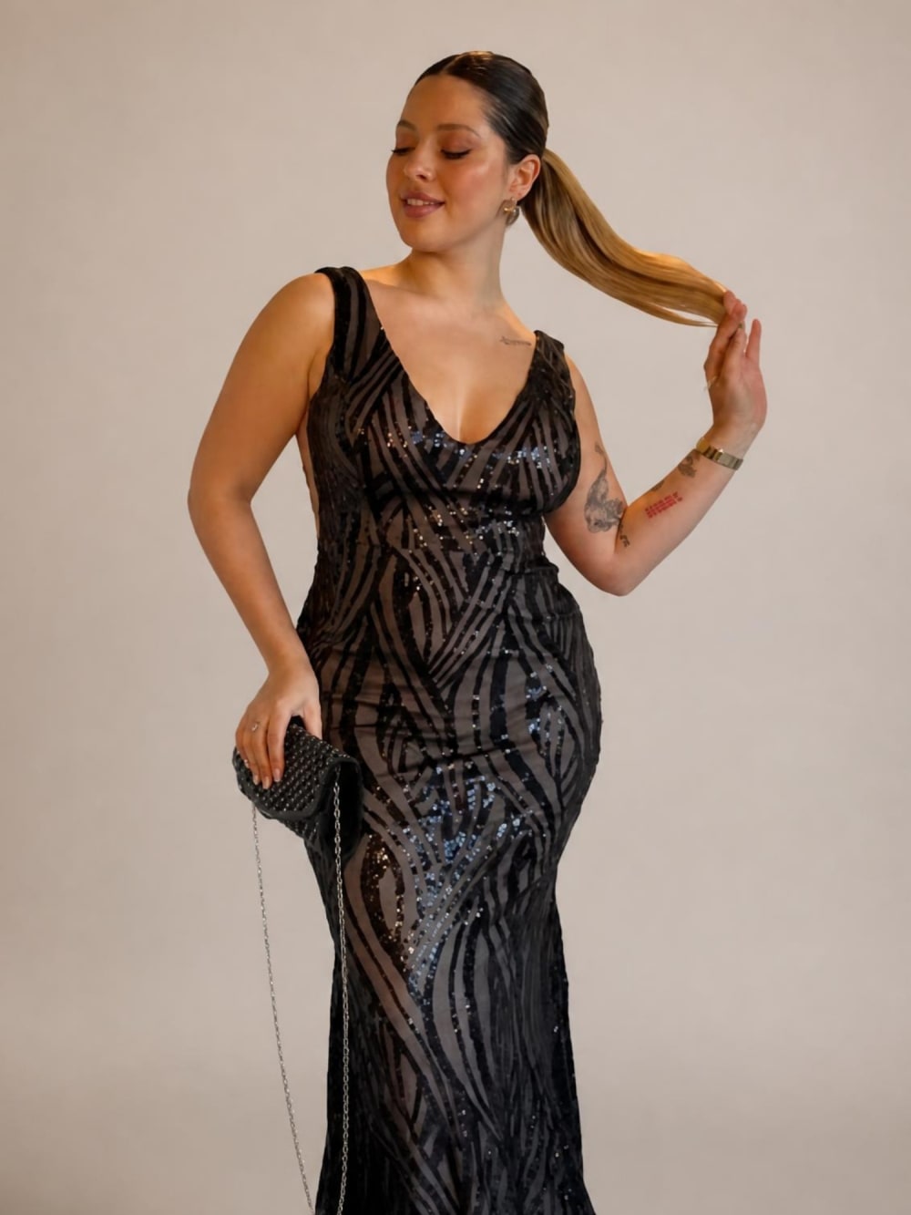 Vestido Largo Negro Full Lentejuelas con Fondo Nude