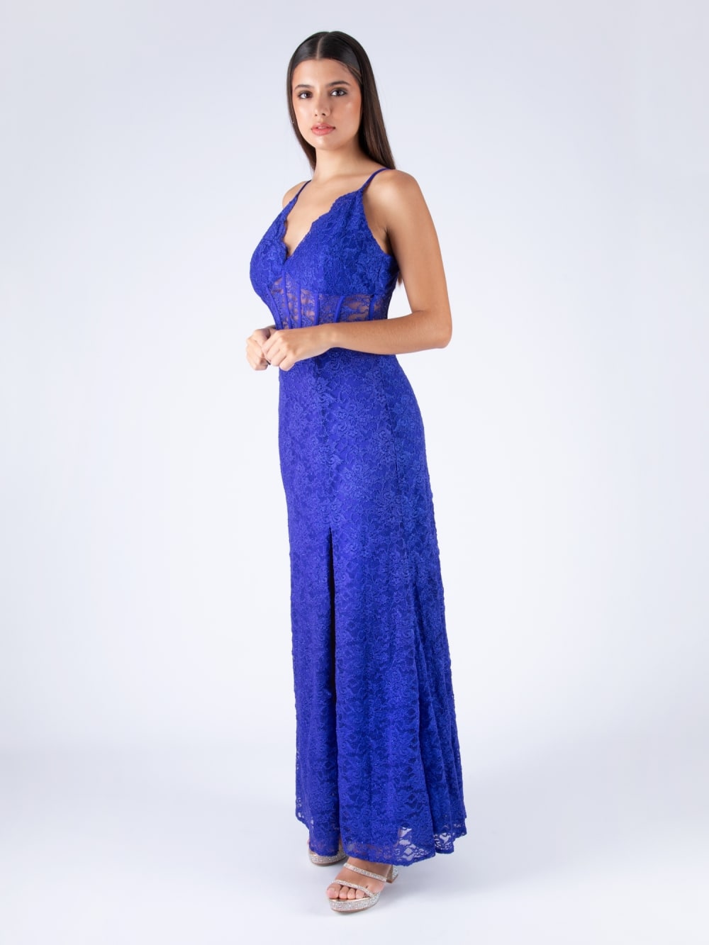 Vestido Largo con Tajo Azul Full Encaje