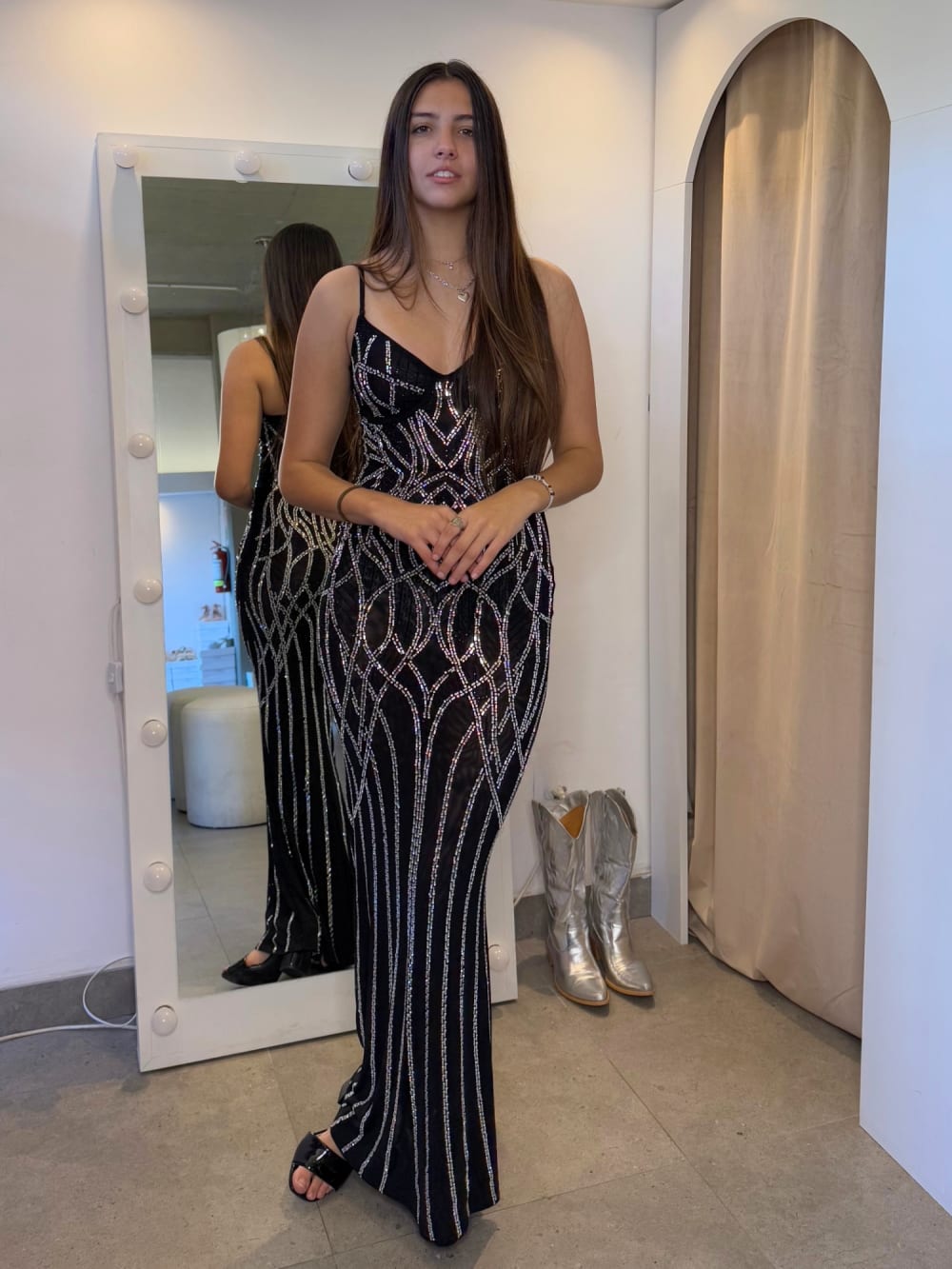 Vestido Gatsby — Negro Sirena con Pedrería Plateada