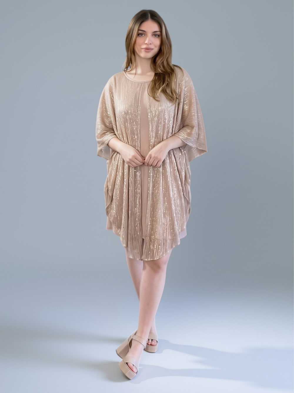 Vestido de Madrina Rosé - Champagne con Capa de Lurex