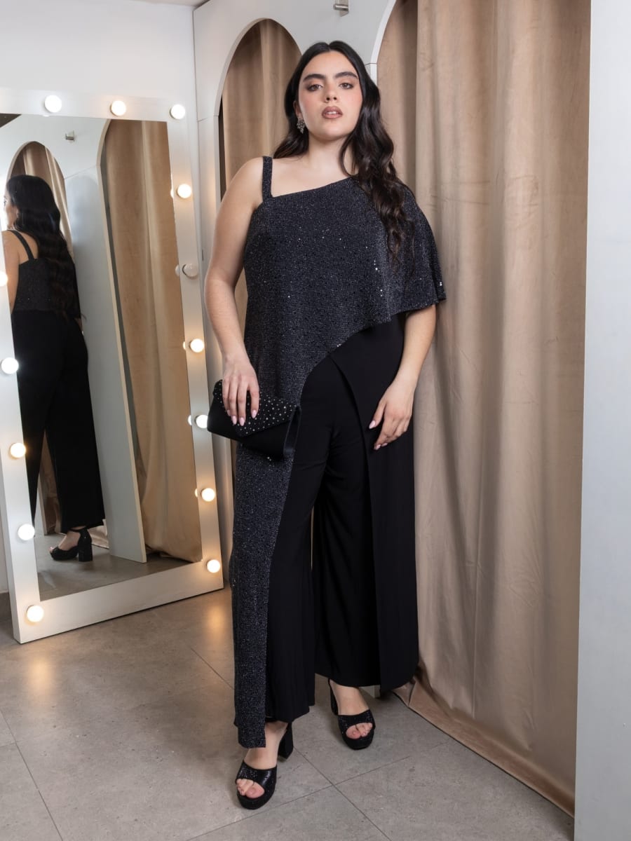 Mono Ónix — Negro con Glitter y Capa Asimétrica