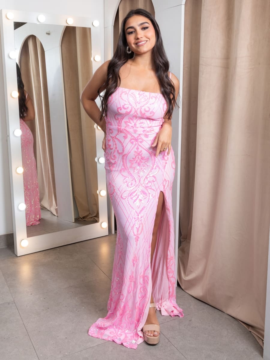 Vestido Cuarzo — Rosa Pálido con Bordado de Lentejuelas y Tajo