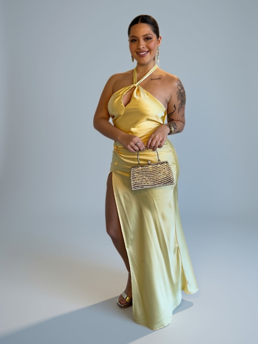 Vestido Mimosa — Amarillo Manteca Satén con Escote Halter