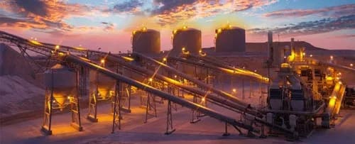 a quarry mining plant in the evening with lights for safety