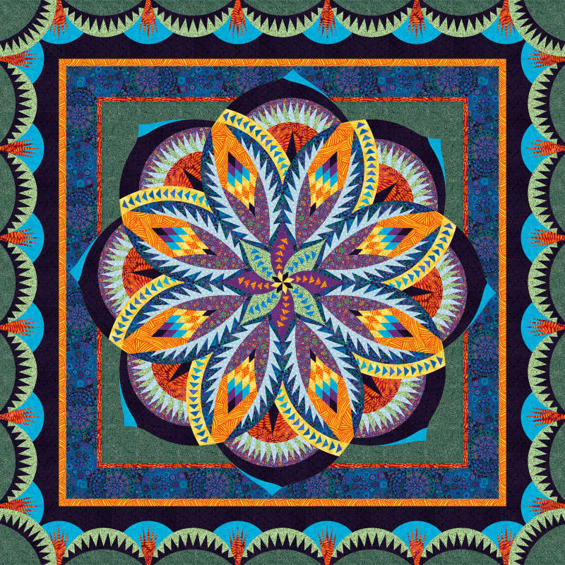 Holly Stevens Quilt with light yellow and dark blue border