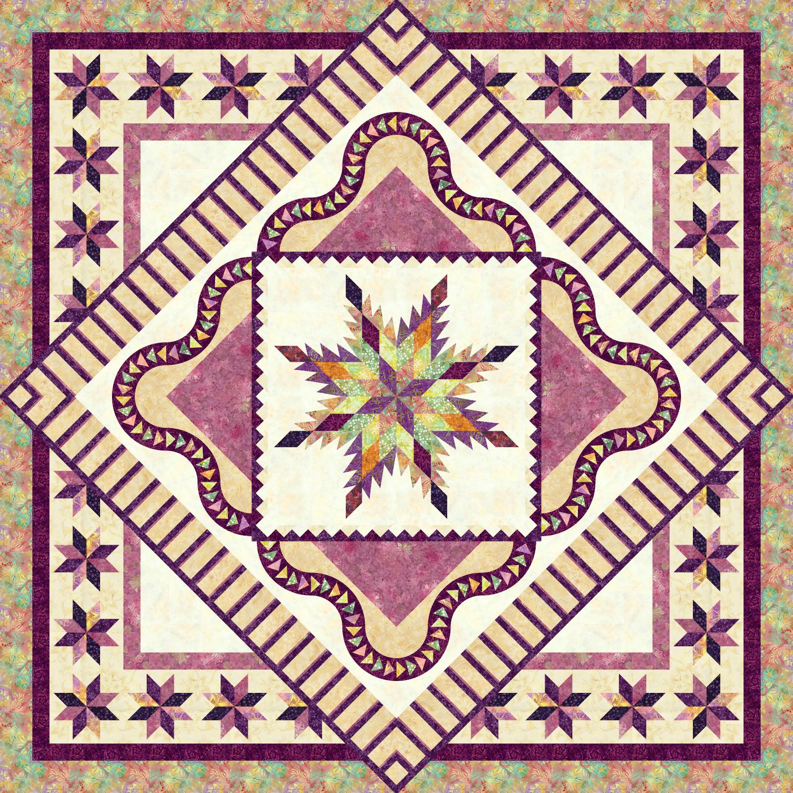 Tuscan Sunset Quiltworx Box 2024 in Hydrangea Tonga Batiks • 99x99 Kit with Replacement Papers: $397.00 Sale: $317.60 Kit with Pattern: $425.00 Sale: $340.00
