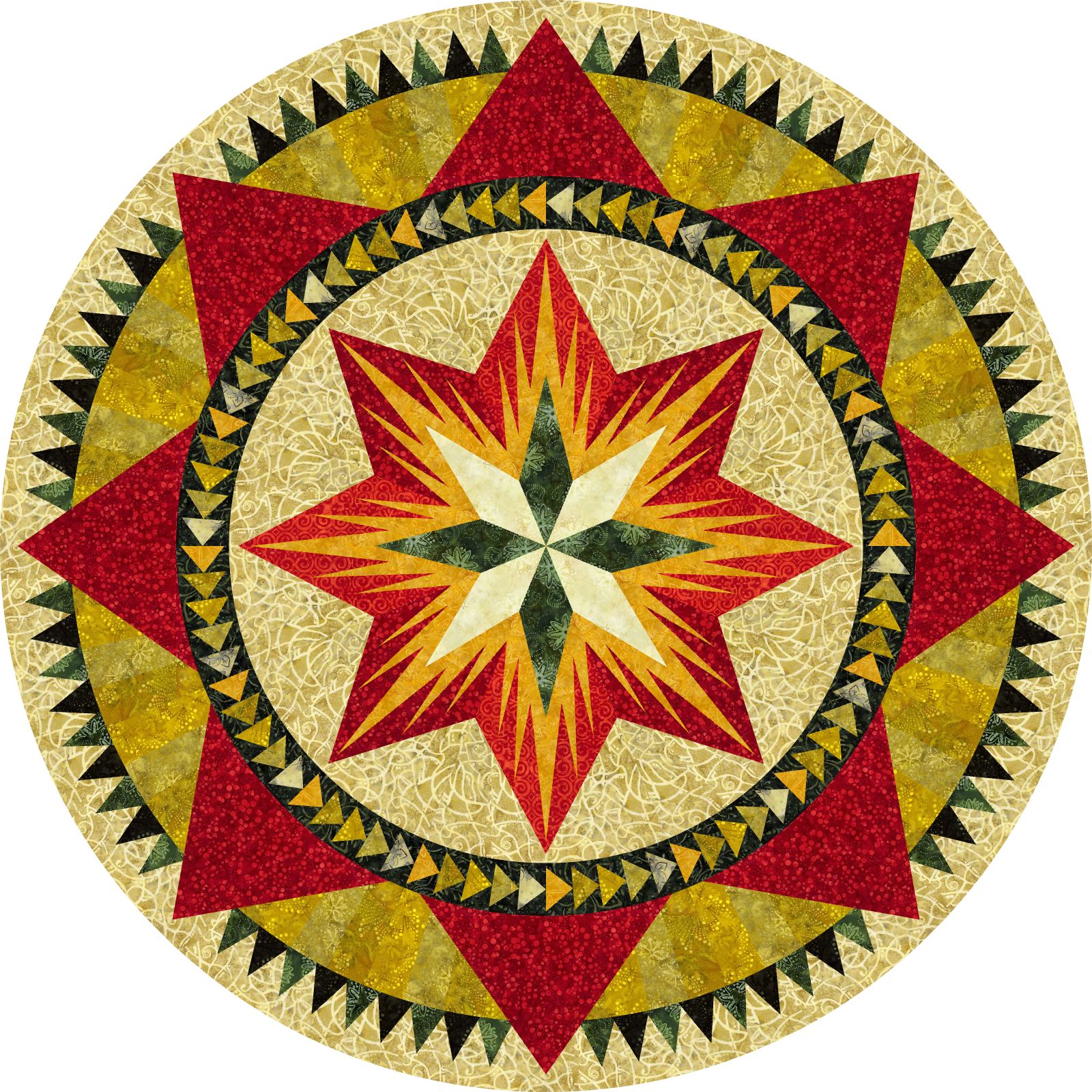 Christmas Celebration Tree Skirt Tonga Batik Cedar and Sleighbells by Judy and Judel Niemeyer • 62" Diameter Fabric Only Kit: $139.50 Sale: $116.60 Kit with Replacement Papers: $164.50 Sale: $131.60 Kit with Pattern: $183.00 Sale: $146.40